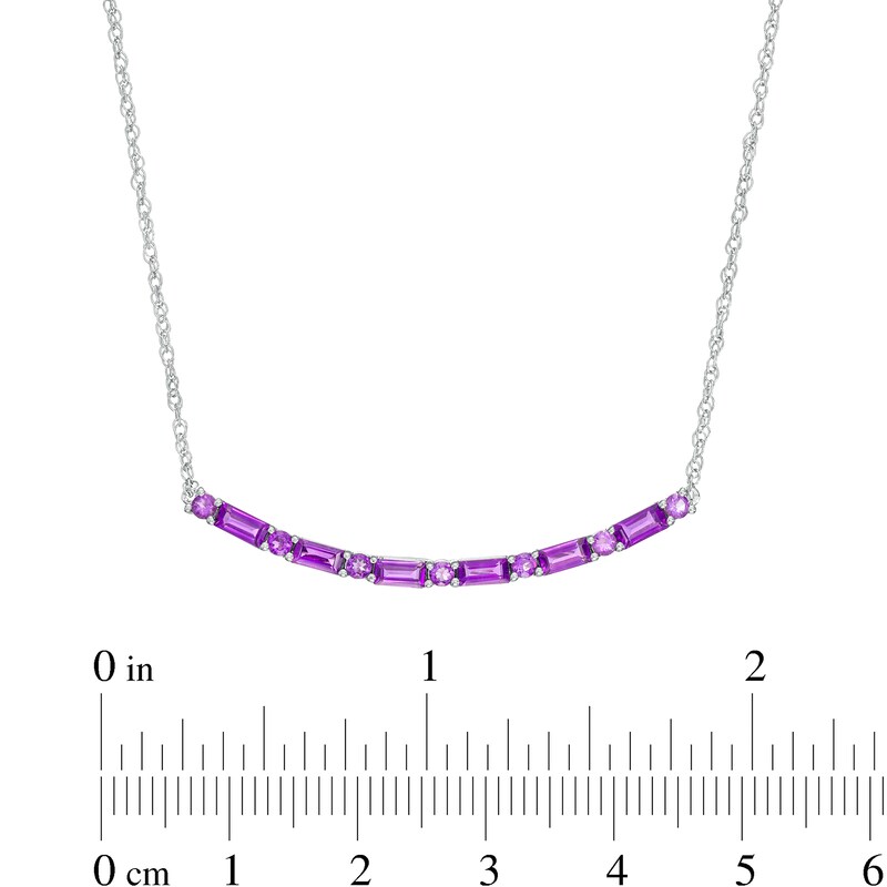 Main Image 3 of Alternating Baguette and Round Amethyst Curved Bar Necklace in Sterling Silver