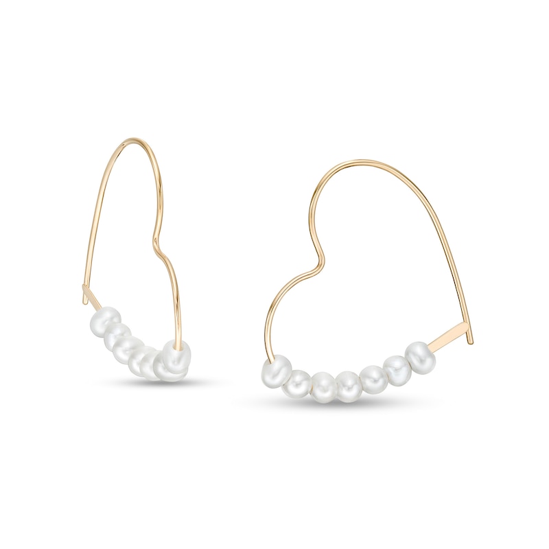 4.5mm Cultured Freshwater Pearl Heart-Shaped Hoop Threader Earrings in 10K Gold