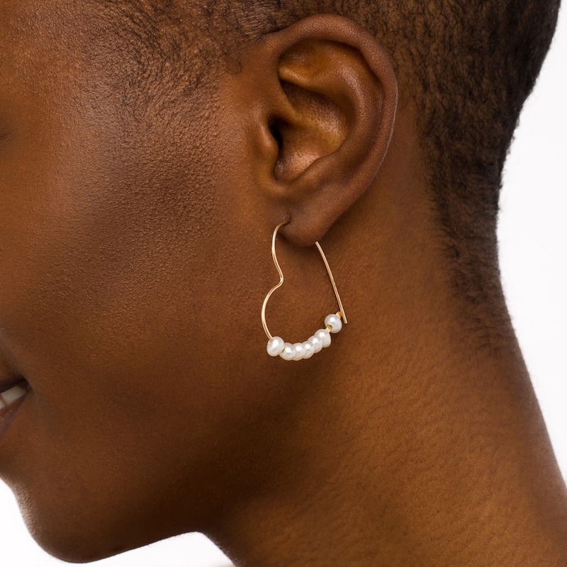 Main Image 2 of 4.5mm Freshwater Cultured Pearl Heart-Shaped Hoop Threader Earrings in 10K Gold
