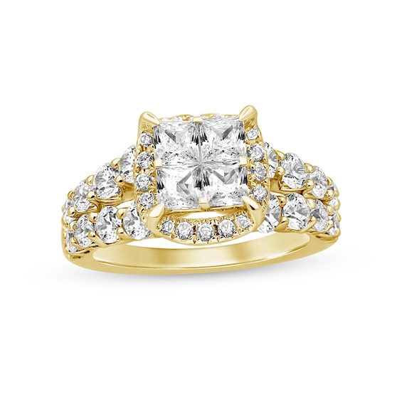 3 CT. T.w. Quad Princess-Cut Diamond Frame Double Row Engagement Ring in 14K Gold