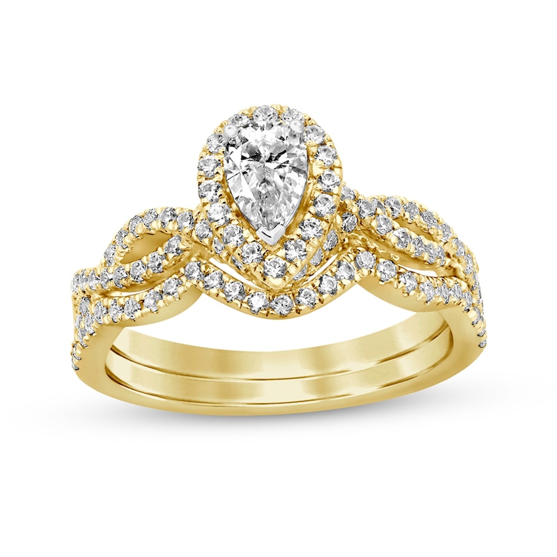 1 CT. T.W. Pear-Shaped Diamond Twist Shank Bridal Set in 14K Gold (I/I2 ...
