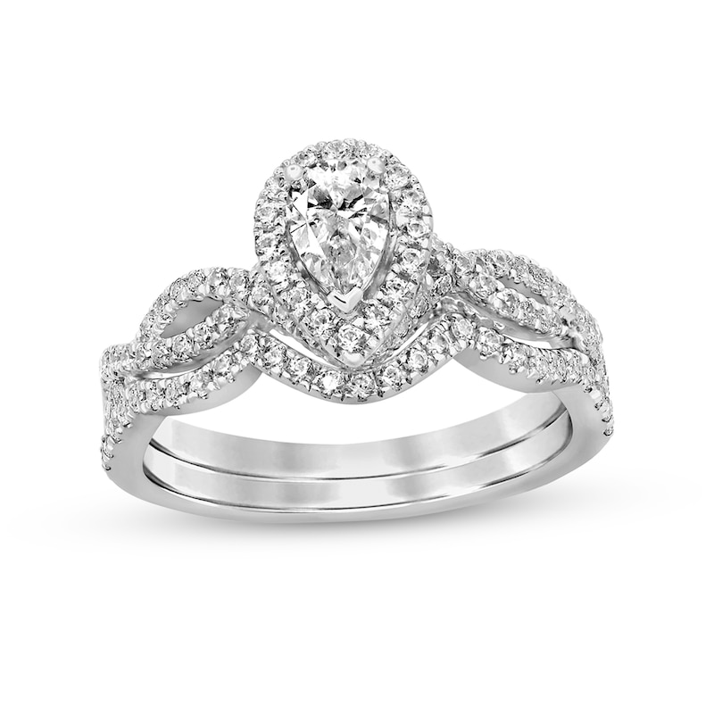 Main Image 1 of 1 CT. T.W. Pear-Shaped Diamond Twist Shank Bridal Set in 14K White Gold (I/I2)