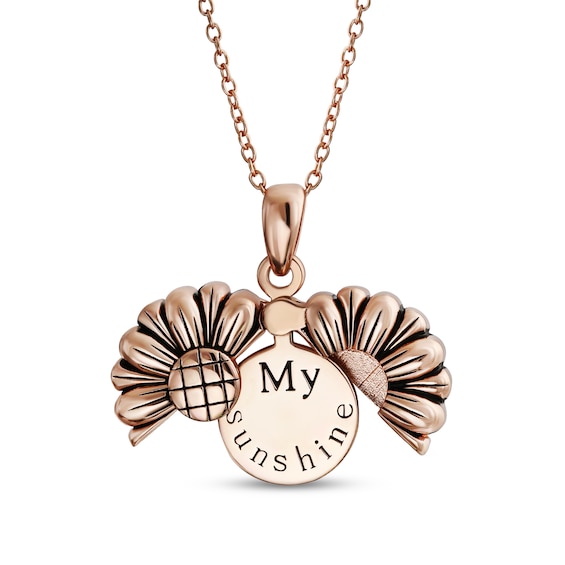 Oxidized "My Sunshine" Sunflower Locket Pendant in Sterling Silver with 18K Rose Gold Plate
