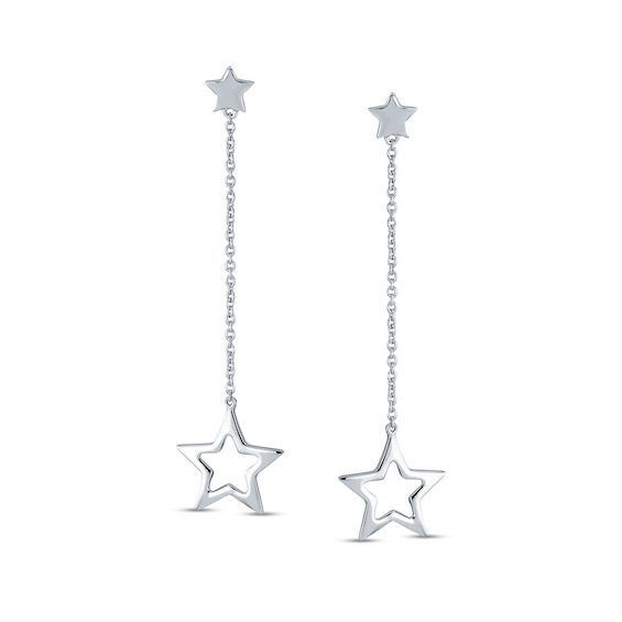 Double Star and Chain Linear Drop Earrings in Sterling Silver