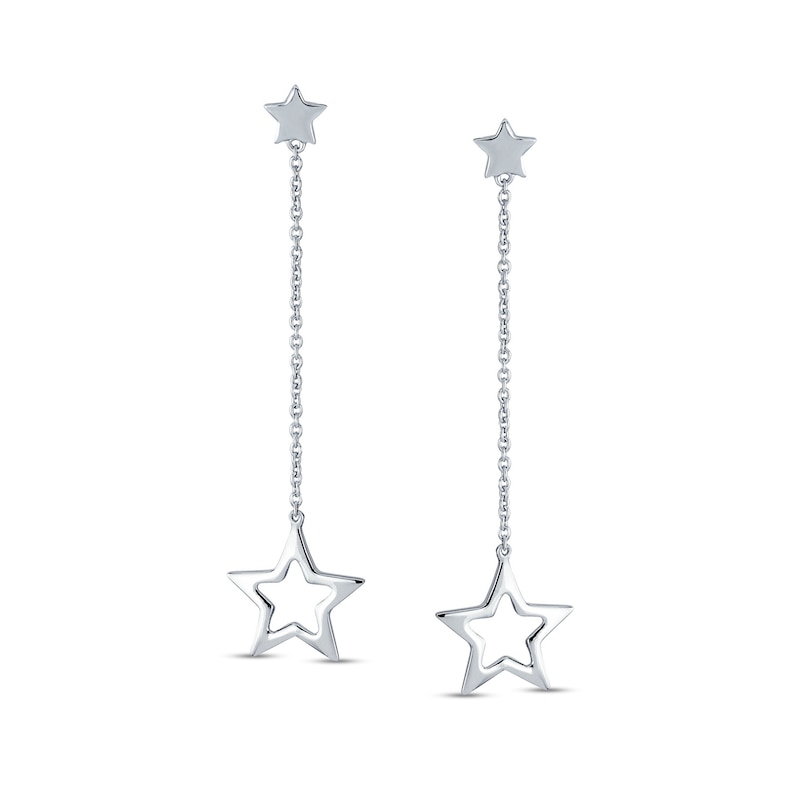 Double Star and Chain Linear Drop Earrings in Sterling Silver