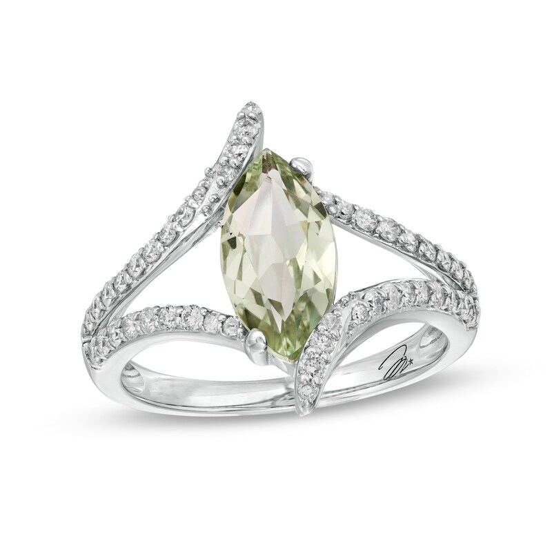 Main Image 1 of Marilyn Monroe™ Collection Certified Marquise Green Quartz and 3/8 CT. T.W. Diamond Bypass Ring in 10K White Gold