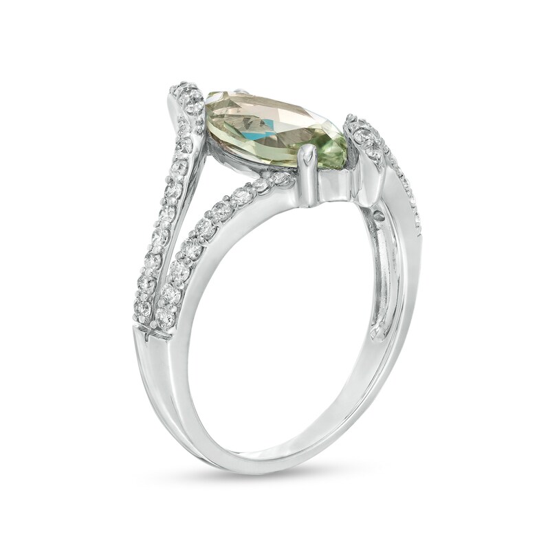 Main Image 2 of Marilyn Monroe™ Collection Certified Marquise Green Quartz and 3/8 CT. T.W. Diamond Bypass Ring in 10K White Gold
