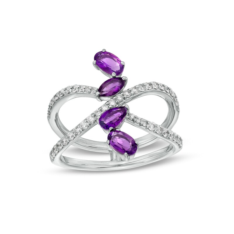 Main Image 1 of Marilyn Monroe™ Collection Certified Multi-Shaped Amethyst and 3/8 CT. T.W. Diamond Orbit Ring in 10K White Gold