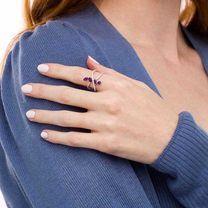 Main Image 3 of Marilyn Monroe™ Collection Certified Multi-Shaped Amethyst and 3/8 CT. T.W. Diamond Orbit Ring in 10K White Gold
