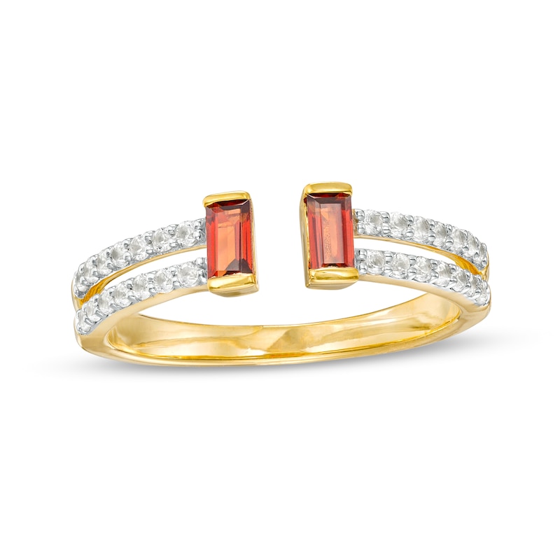Main Image 1 of Baguette Garnet and White Lab-Created Sapphire Open Shank Ring in Sterling Silver with 14K Gold Plate - Size 7