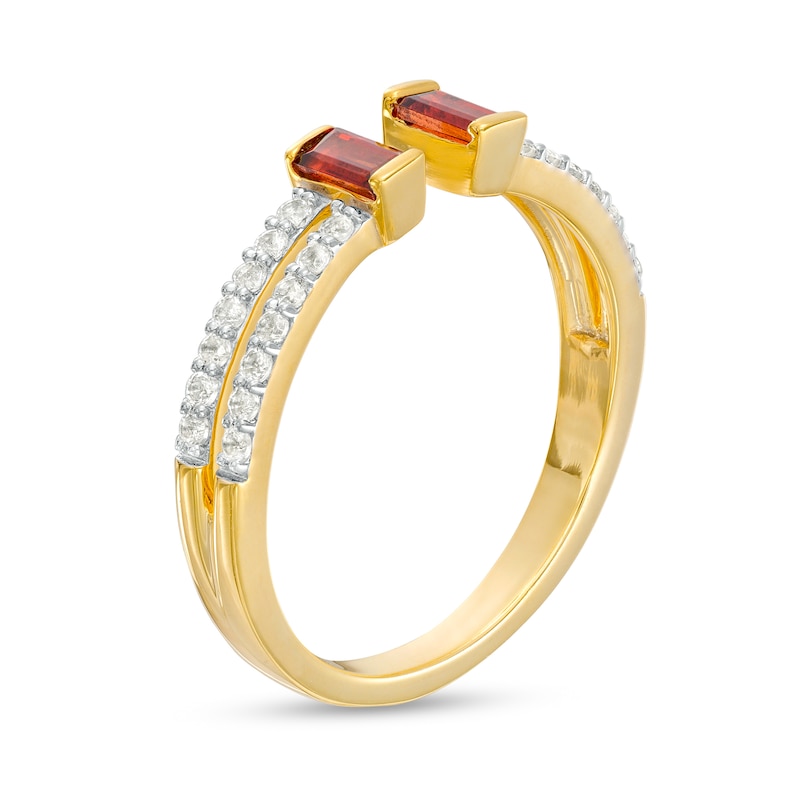 Main Image 3 of Baguette Garnet and White Lab-Created Sapphire Open Shank Ring in Sterling Silver with 14K Gold Plate - Size 7