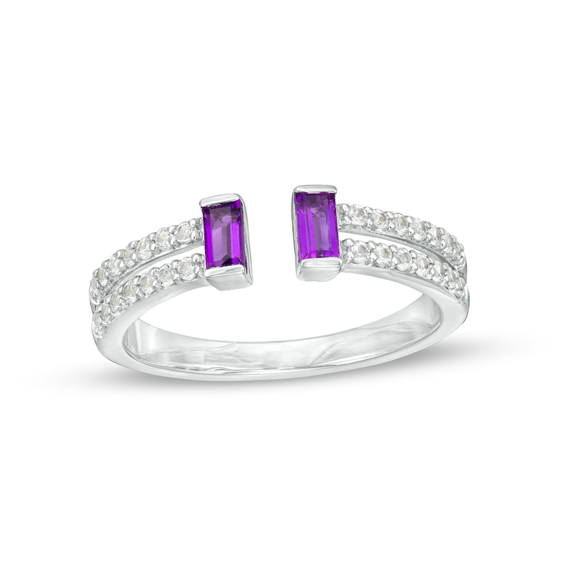 Main Image 1 of Baguette Amethyst and White Lab-Created Sapphire Open Shank Ring in Sterling Silver - Size 7
