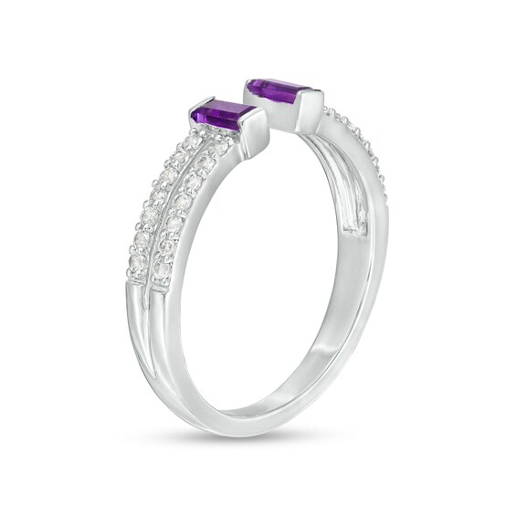 Baguette Amethyst and White Lab-Created Sapphire Open Shank Ring in Sterling Silver - Size 7