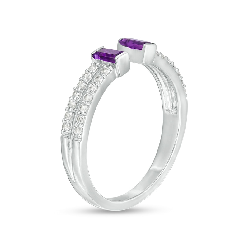 Main Image 3 of Baguette Amethyst and White Lab-Created Sapphire Open Shank Ring in Sterling Silver - Size 7