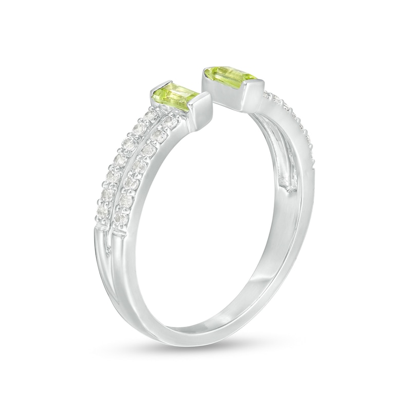 Main Image 3 of Baguette Peridot and White Lab-Created Sapphire Open Shank Ring in Sterling Silver - Size 7