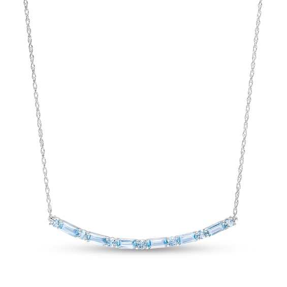 Alternating Baguette and Round Swiss Blue Topaz Curved Bar Necklace in Sterling Silver