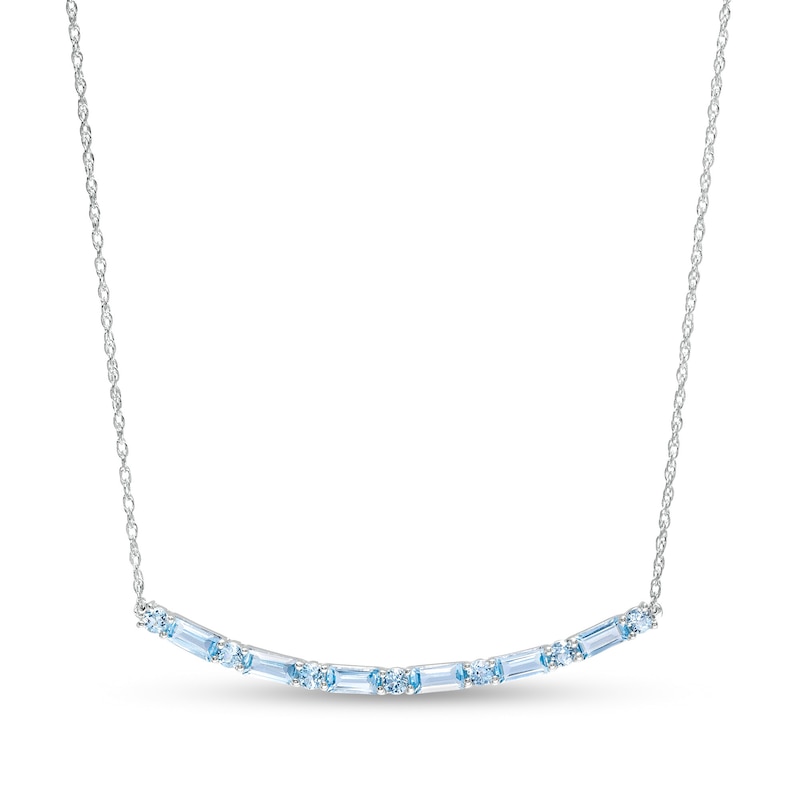 Main Image 1 of Alternating Baguette and Round Swiss Blue Topaz Curved Bar Necklace in Sterling Silver