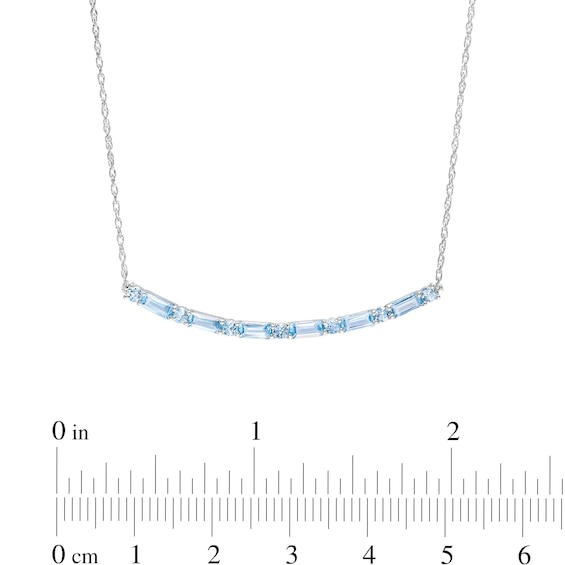 Alternating Baguette and Round Swiss Blue Topaz Curved Bar Necklace in Sterling Silver