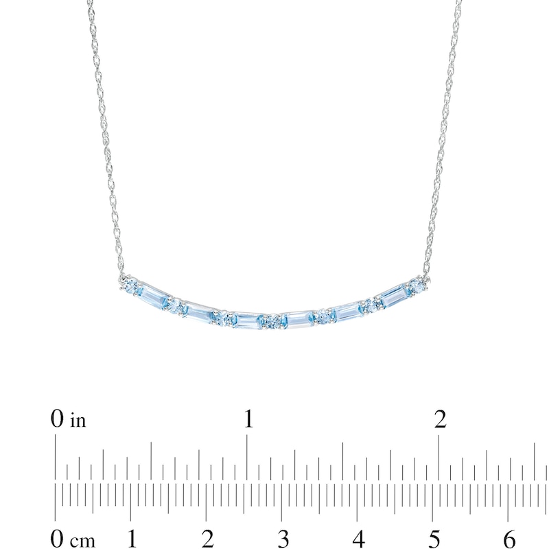 Main Image 3 of Alternating Baguette and Round Swiss Blue Topaz Curved Bar Necklace in Sterling Silver