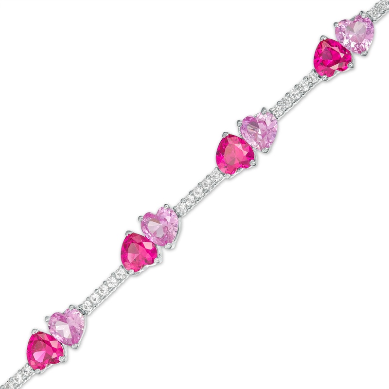 Main Image 1 of 5.0mm Lab-Created Ruby, Pink and White Lab-Created Sapphire Mirrored Hearts Station Bracelet in Sterling Silver - 7.5"