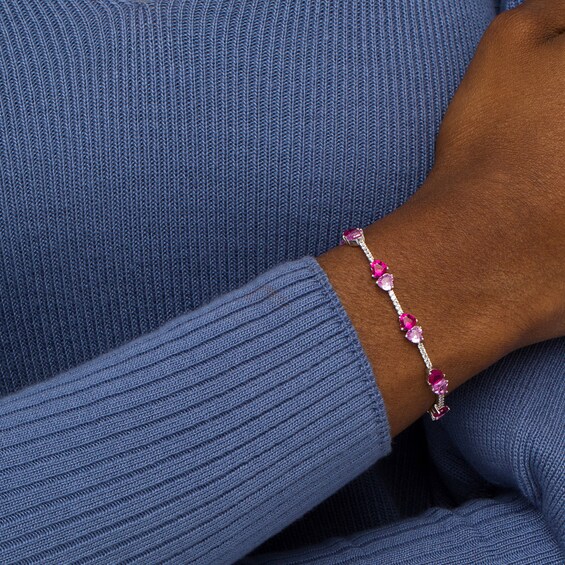 5.0mm Lab-Created Ruby, Pink and White Lab-Created Sapphire Mirrored Hearts Station Bracelet in Sterling Silver - 7.5"