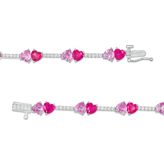 5.0mm Lab-Created Ruby, Pink and White Lab-Created Sapphire Mirrored Hearts Station Bracelet in Sterling Silver - 7.5"
