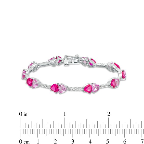 5.0mm Lab-Created Ruby, Pink and White Lab-Created Sapphire Mirrored Hearts Station Bracelet in Sterling Silver - 7.5"