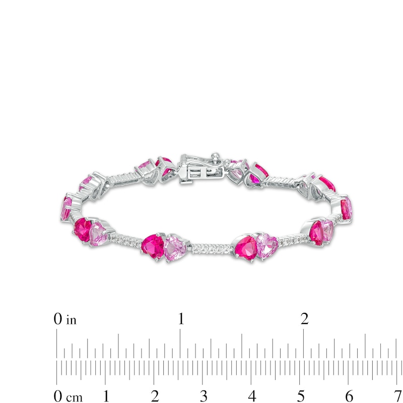 Main Image 4 of 5.0mm Lab-Created Ruby, Pink and White Lab-Created Sapphire Mirrored Hearts Station Bracelet in Sterling Silver - 7.5"