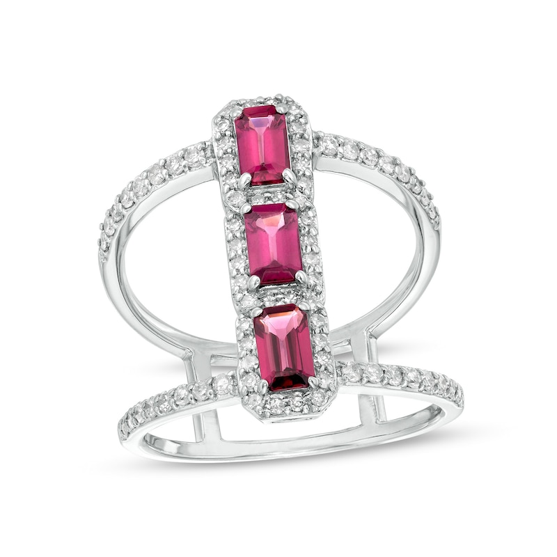 Main Image 1 of Marilyn Monroe™ Collection Rhodolite Garnet and 1/2 CT. T.W. Diamond Linear Three Stone Orbit Ring in 10K White Gold