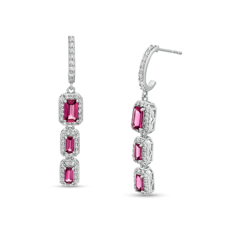 Main Image 1 of Marilyn Monroe™ Collection Emerald-Cut Rhodolite Garnet and 1/2 CT. T.W. Diamond Frame Drop Earrings in 10K White Gold