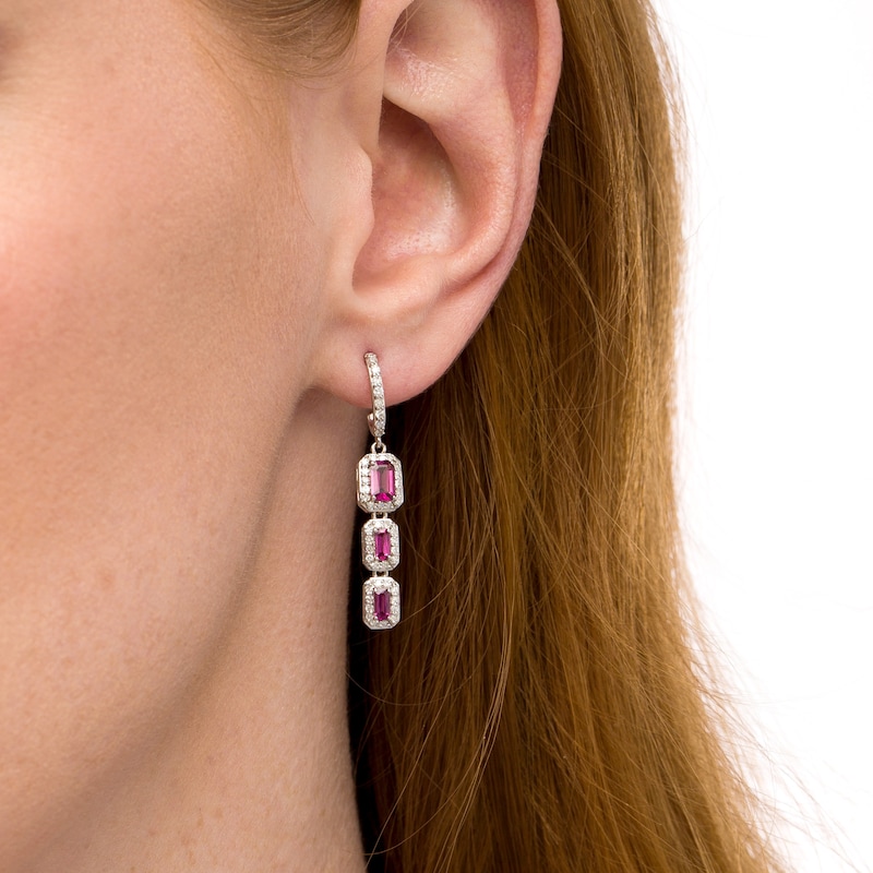 Main Image 3 of Marilyn Monroe™ Collection Emerald-Cut Rhodolite Garnet and 1/2 CT. T.W. Diamond Frame Drop Earrings in 10K White Gold