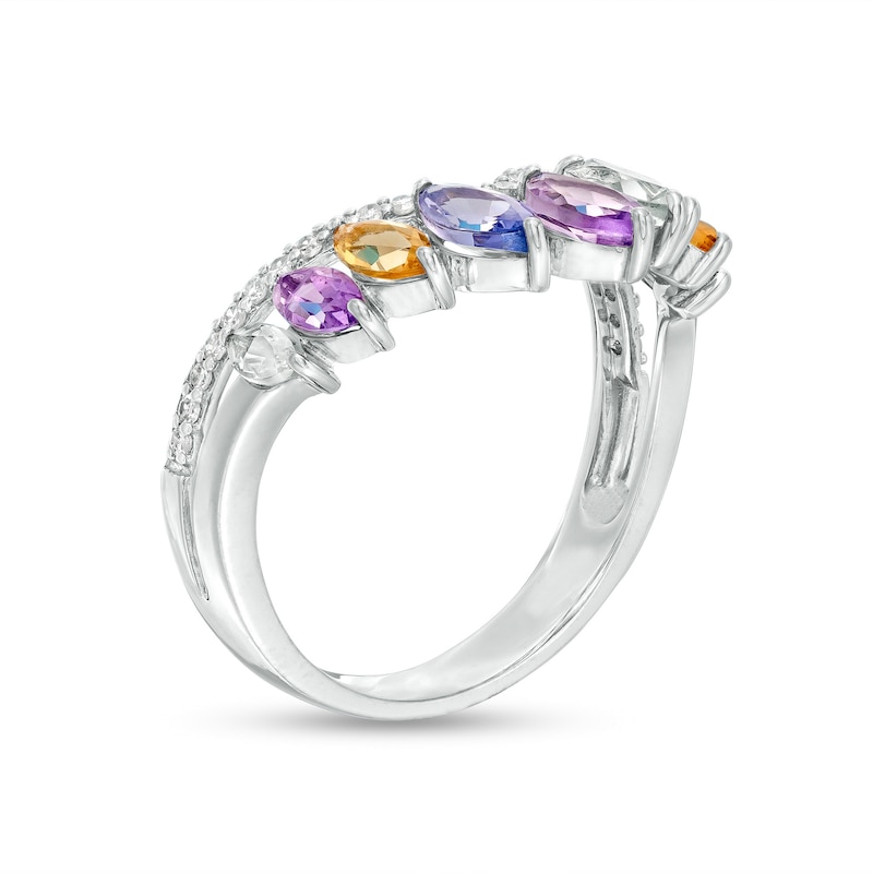 Main Image 2 of Marilyn Monroe™ Collection Certified Marquise Multi-Gemstone and 1/8 CT. T.W. Diamond Chevron Ring in 10K White Gold