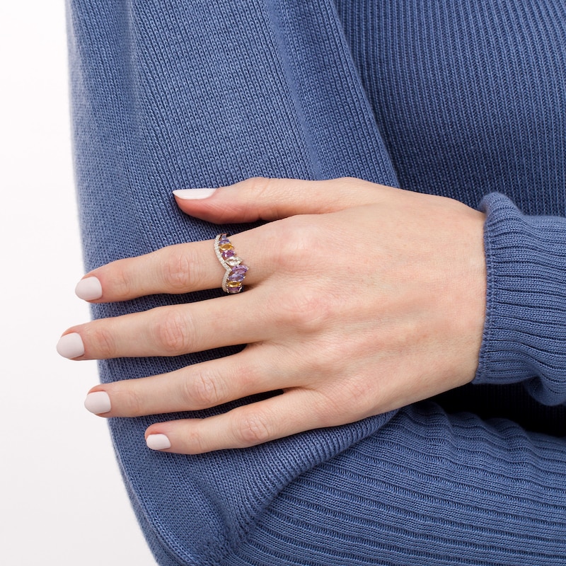 Main Image 3 of Marilyn Monroe™ Collection Certified Marquise Multi-Gemstone and 1/8 CT. T.W. Diamond Chevron Ring in 10K White Gold