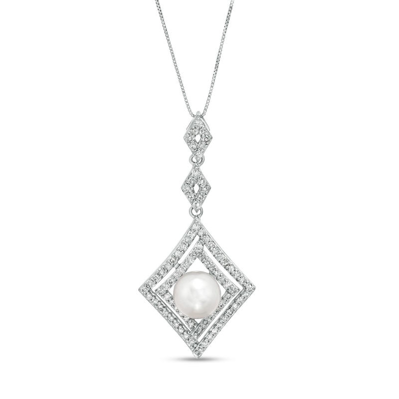 Main Image 1 of Marilyn Monroe™ Collection 7.5mm Freshwater Cultured Pearl and 1/2 CT. T.W. Diamond Tilted Pendant in 10K White Gold