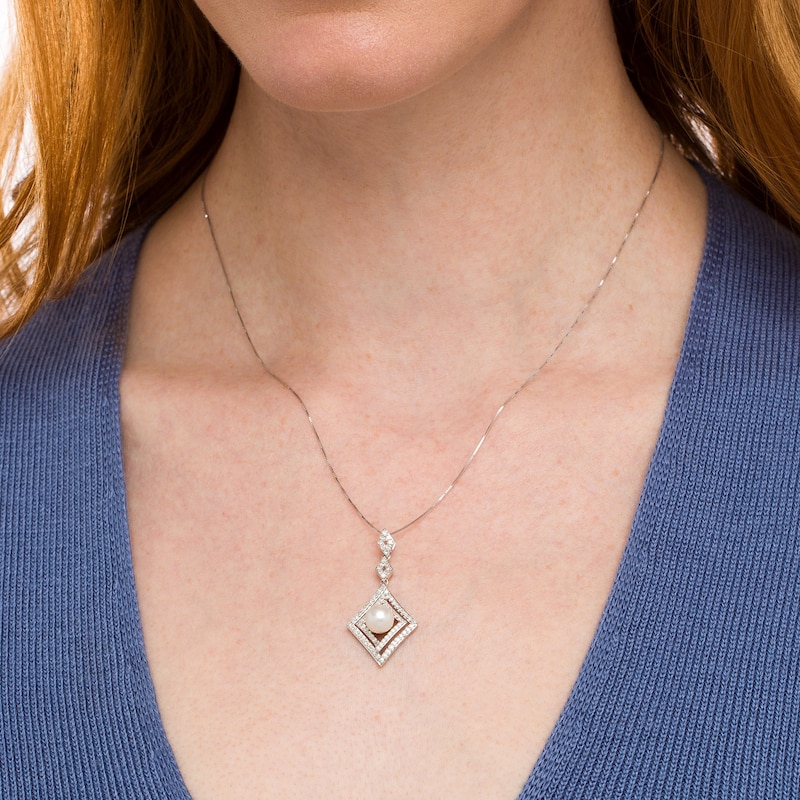 Main Image 3 of Marilyn Monroe™ Collection 7.5mm Freshwater Cultured Pearl and 1/2 CT. T.W. Diamond Tilted Pendant in 10K White Gold