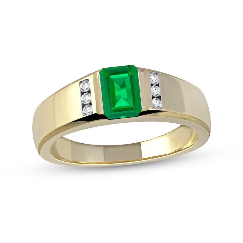 Main Image 1 of Emerald-Cut Emerald and 1/8 CT. T.W. Diamond Octagonal Frame Tri-Sides Band in 10K Gold