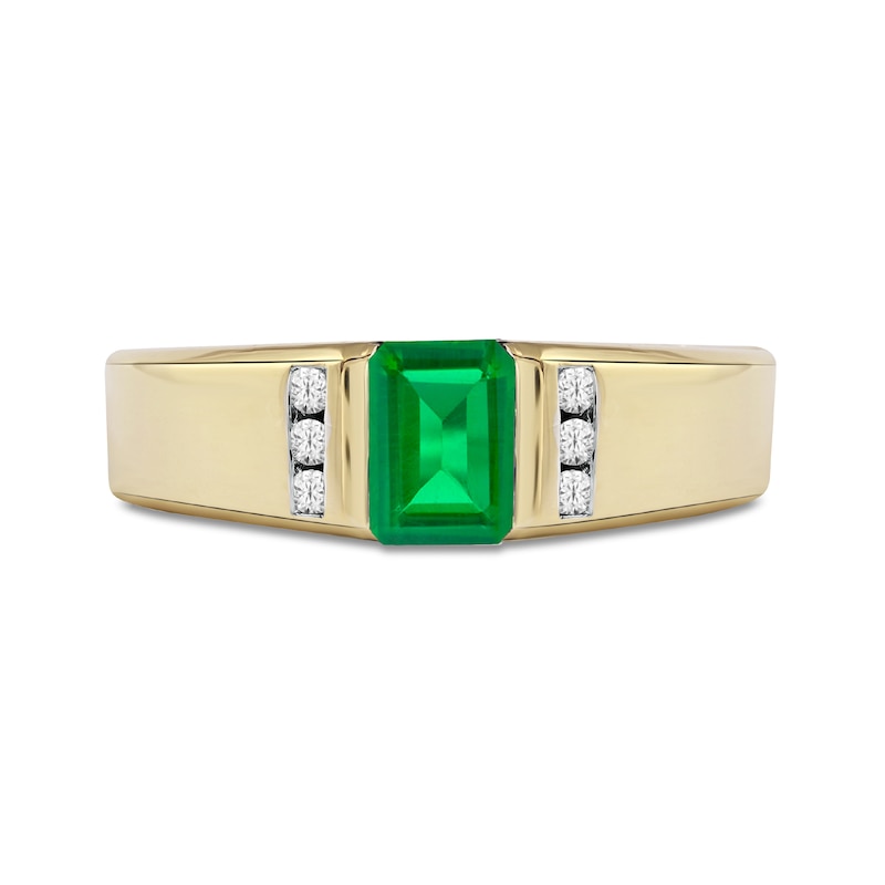 Main Image 3 of Emerald-Cut Emerald and 1/8 CT. T.W. Diamond Octagonal Frame Tri-Sides Band in 10K Gold