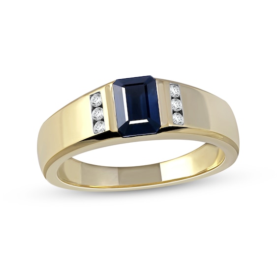 Emerald-Cut Blue Sapphire and 1/8 CT. T.w. Diamond Octagonal Frame Tri-Sides Band in 10K Gold