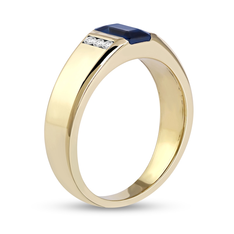 Main Image 2 of Emerald-Cut Blue Sapphire and 1/8 CT. T.W. Diamond Octagonal Frame Tri-Sides Band in 10K Gold