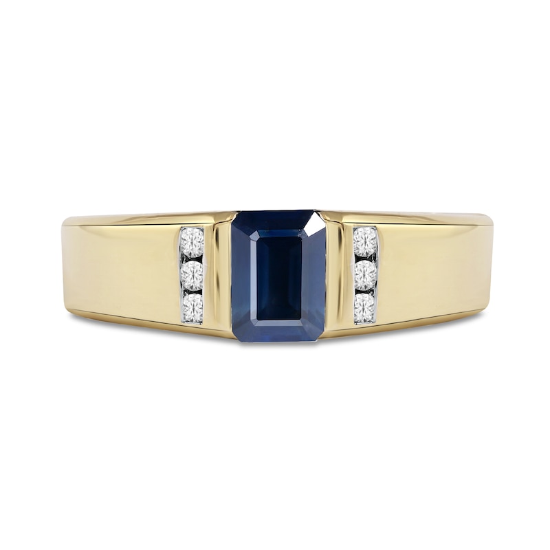 Main Image 3 of Emerald-Cut Blue Sapphire and 1/8 CT. T.W. Diamond Octagonal Frame Tri-Sides Band in 10K Gold