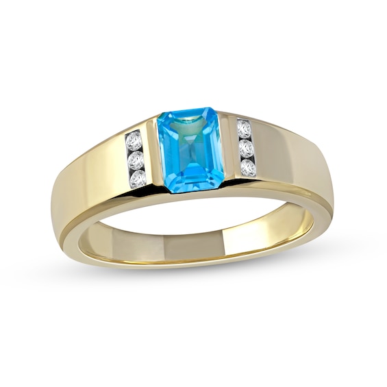 Emerald-Cut Swiss Blue Topaz and 1/8 CT. T.w. Diamond Trio Wedding Band in 10K Gold