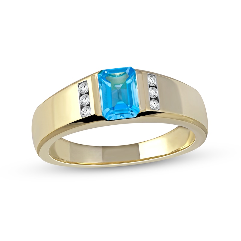 Main Image 1 of Men's Emerald-Cut Swiss Blue Topaz and 1/8 CT. T.W. Diamond Trio Wedding Band in 10K Gold