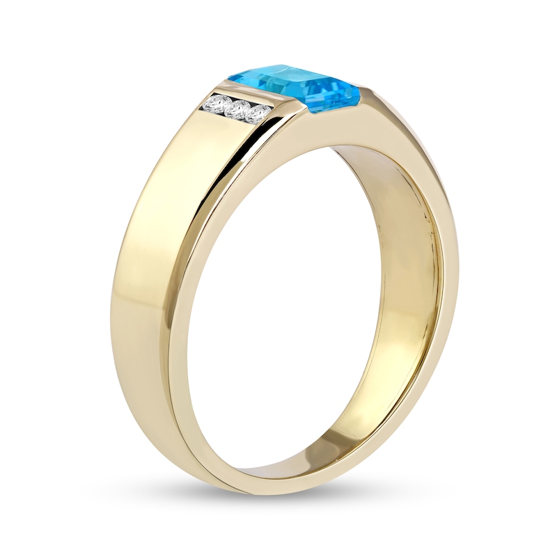 Main Image 2 of Men's Emerald-Cut Swiss Blue Topaz and 1/8 CT. T.W. Diamond Trio Wedding Band in 10K Gold