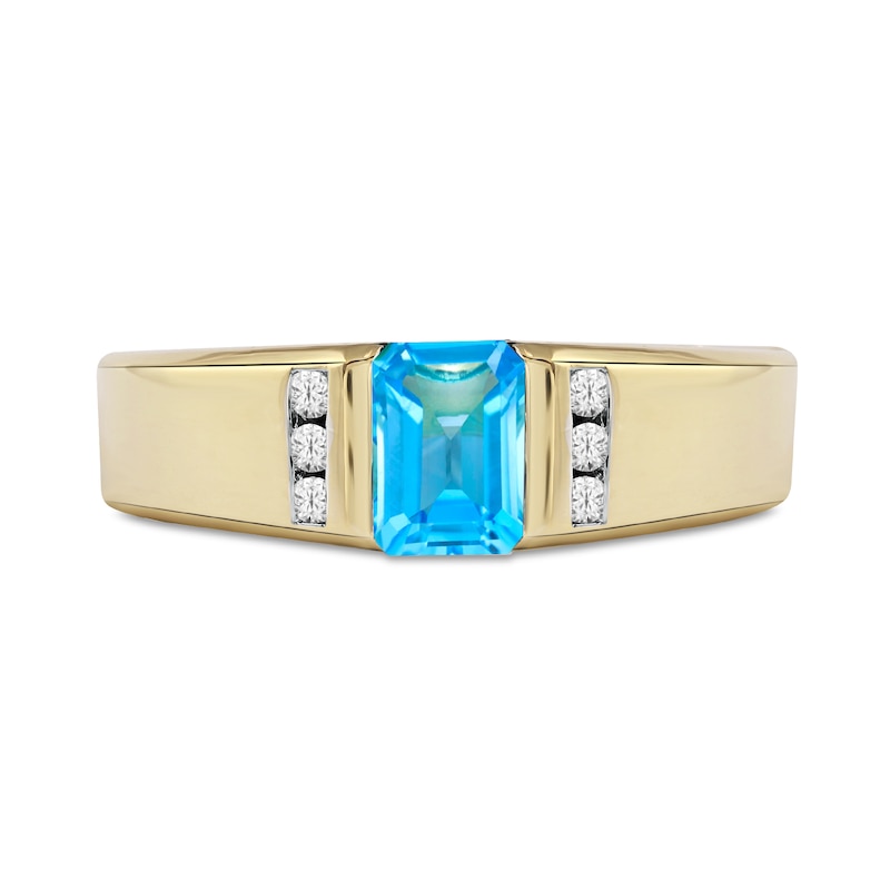 Main Image 3 of Men's Emerald-Cut Swiss Blue Topaz and 1/8 CT. T.W. Diamond Trio Wedding Band in 10K Gold