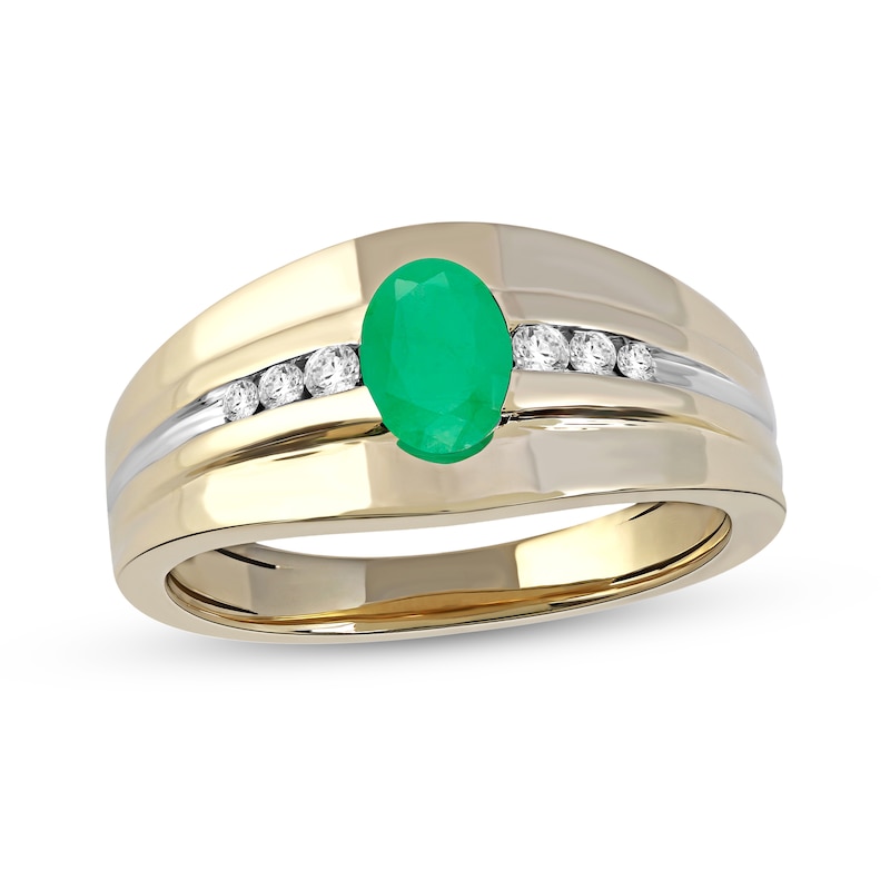 Men's Oval Emerald and 1/6 CT. T.W. Diamond Tri-Sides Grooved Band in 10K Two-Tone Gold