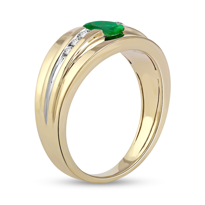 Men's Oval Emerald and 1/6 CT. T.W. Diamond Tri-Sides Grooved Band in 10K Two-Tone Gold