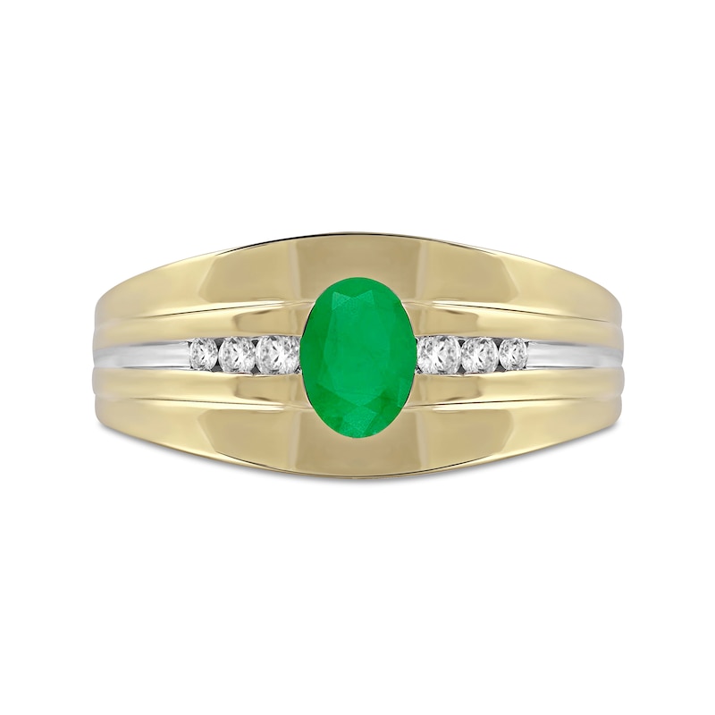 Main Image 3 of Oval Emerald and 1/6 CT. T.W. Diamond Tri-Sides Grooved Band in 10K Two-Tone Gold