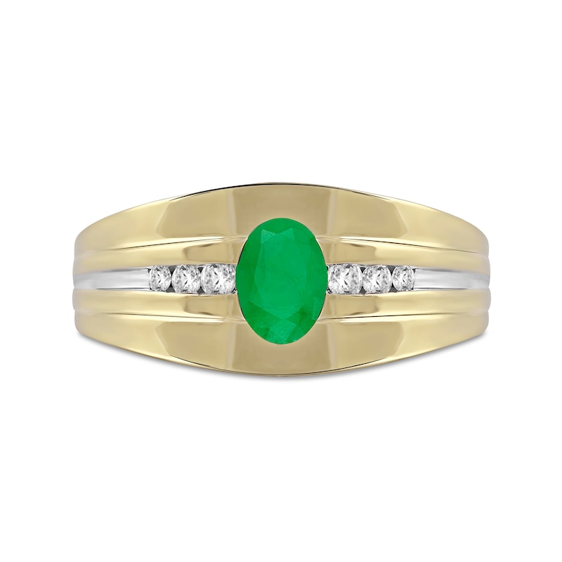 Men's Oval Emerald and 1/6 CT. T.W. Diamond Tri-Sides Grooved Band in 10K Two-Tone Gold