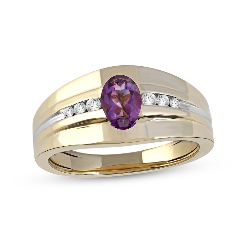 Main Image 1 of Oval Amethyst and 1/6 CT. T.W. Diamond Tri-Sides Grooved Band in 10K Two-Tone Gold