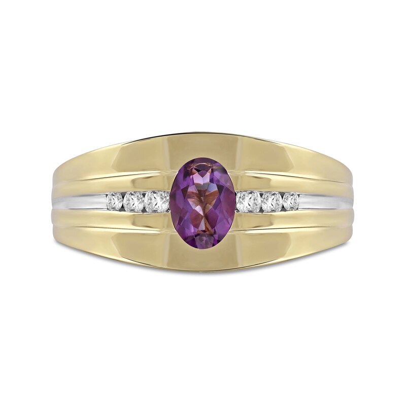 Main Image 3 of Oval Amethyst and 1/6 CT. T.W. Diamond Tri-Sides Grooved Band in 10K Two-Tone Gold